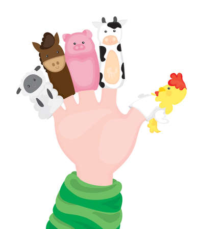 cute hand wearing 5 animal finger puppetsのイラスト素材
