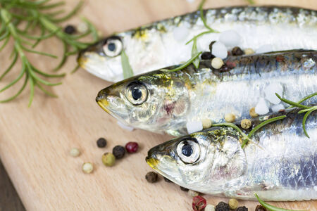 Closeup shot of fresh pilchard wih spicesの写真素材