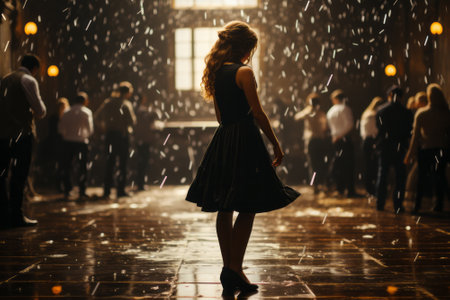 Back shot of a young woman with long hair and dressed in a black dress alone in a ballroom with other people. Confetti falling from above.の素材