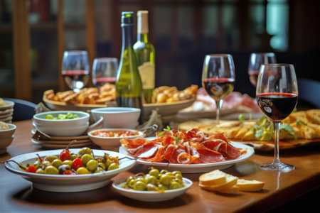 Typical Spanish tapas with olives, jabugo ham, green and red sauce and red wine served on a table for dinner. AI generated.の素材