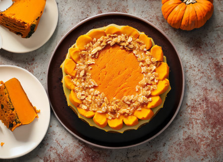 Flat lay shot of a pumpkin pie over rusty effect table. AI generated.の素材