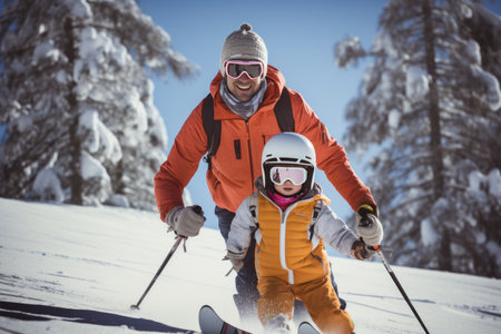 Father and young son skiing in the snowy mountains with trees in the background. Winter sports concept.の素材