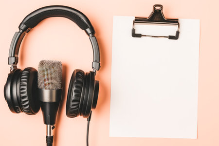 Flat lay shot of professional headphones and a radio microphone with a blank clipboard isolated on a light peach background. Podcast and radio concept. Horizontal.の素材