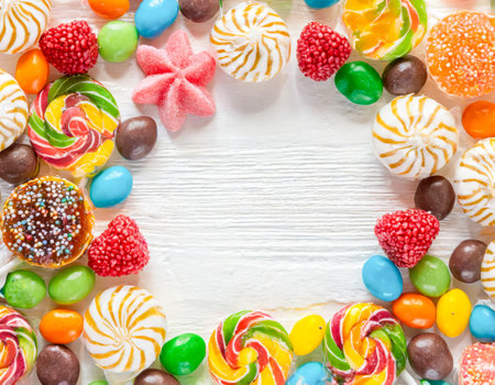 Colorful candies on white wooden background. Top view with copy spaceの素材