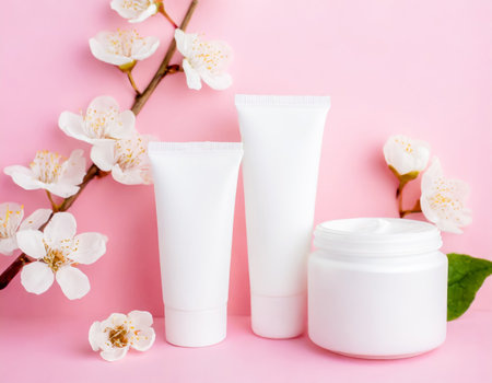 Blank cream bottles with spring flowers on pink background. Organic skincare concept with copy space. Cosmetics spa mockup.の素材
