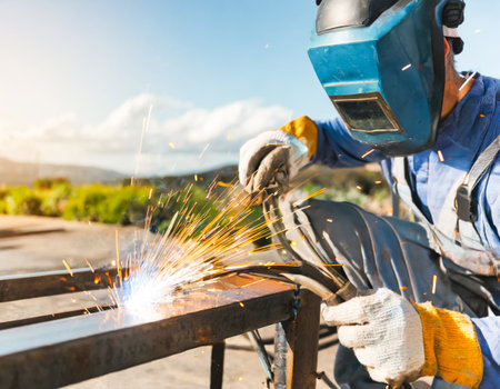 Industrial worker wearing protective clothing and welding metal at construction site.の素材