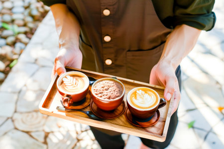 Coffee shop. Crop shot of a waiter holding a wooden tray with cappuccino coffeeの素材
