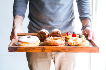 Cropped image of man holding wooden tray with fresh pastries and cakes.の素材