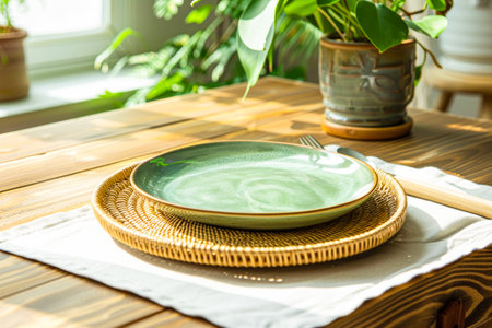 Empty green ceramic plate on the wooden table with a green plant in the background. Nordic style.の素材