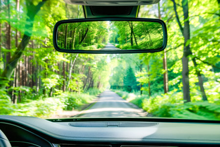 View from inside a car of a road in the forest, the rear view mirror shows the reflection of the road between trees.の素材