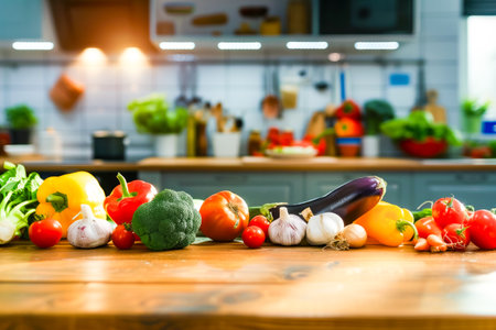 Various fresh vegetables in a row on wooden table in the kitchen. Healthy food concept.の素材