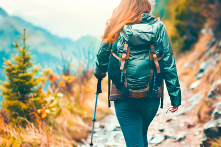 Woman hiker with backpack hiking on mountain trail. Hiking concept.の素材