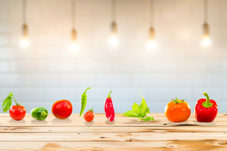 Fresh vegetables on a wooden table in front of a blurred background.の素材