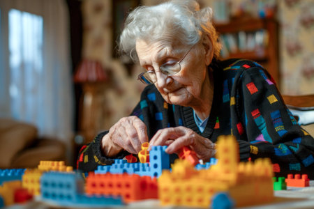 Caucasian elderly woman playing with toy blocks. Concept of cognitive stimulation for dementia and Alzheimer's disease.の素材