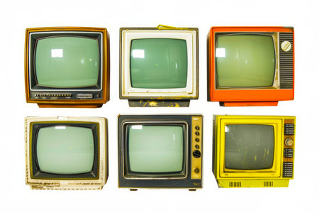 Set of 6 vintage TV receivers isolated on white background. Concept of nostalgia. Horizontal.の素材
