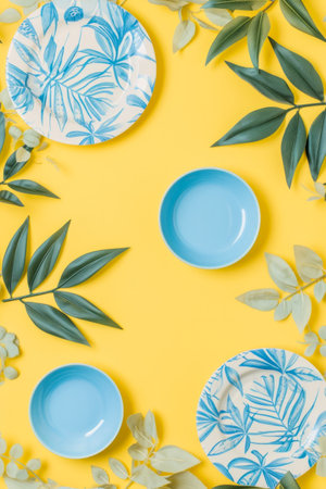 Empty porcelain plates decorated in blue and some natural leaves, isolated on yellow background. Vertical.の素材