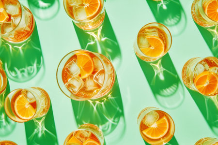Set of refreshing cocktails with orange and ice on a green background. Top view. Horizontal.の素材