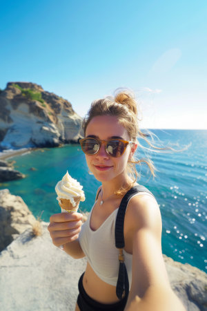 Young woman influencer taking a selfie while holding an ice cream next to a beach in summer. Copy space. Vertical.の素材