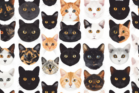 Set of cat heads isolated on white background. Ai generated illustration. Horizontal.の素材