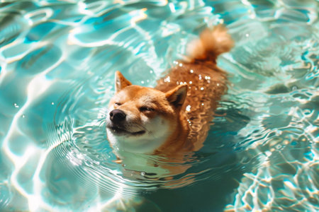 Shiba inu swims in the pool on a sunny dayの素材