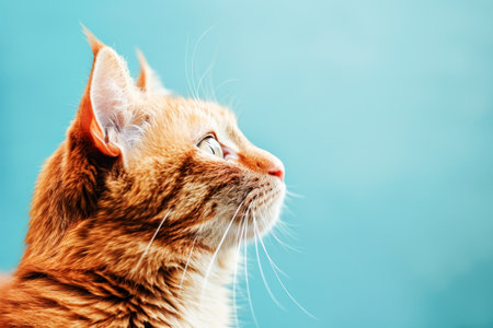 Side view of a cute red cat isolated on light blue background, with copy space. Horizontal.の素材