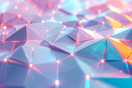 3D polygonal background, translucent triangles that connect with each other with lines and luminous points. Pastel colors. Horizontal.の素材