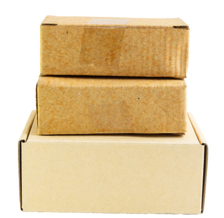 Pile of cardboard boxes. Isolated on white background. Concept of packing, moving, delivery,...