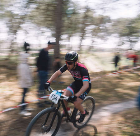 Cadiz, Spain - 24 March 2019: Participants of the third edition of the mountain bike championship. Photographs made with the sweeping technique.のeditorial素材