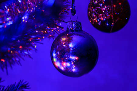 the ball pendant on holiday Christmas treeの写真素材