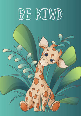 Vector illustration of a giraffe with leaves in cartoon style.のイラスト素材