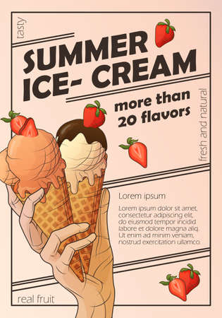 Vector poster background with ice-cream in waffle cone with strawberries in hand.のイラスト素材