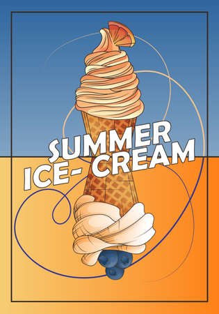 Vector poster background with two ice-cream in waffle cone with fruits.のイラスト素材