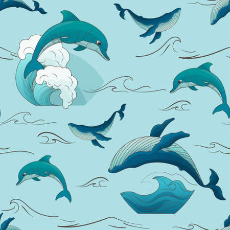 Vector seamless pattern with dolphins, whales with waves.のイラスト素材