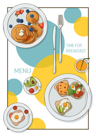 Vector background poster with illustration breakfasts: sandwiches, pancakes.のイラスト素材