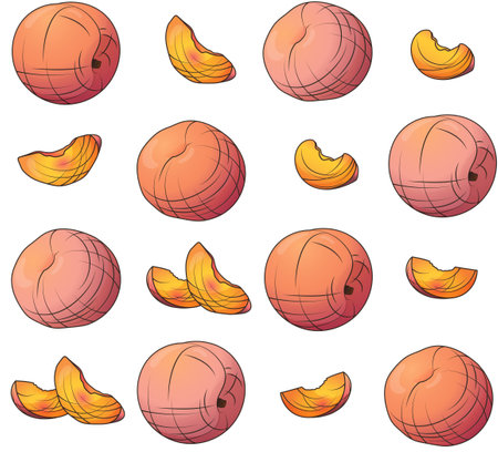 Vector seamless pattern with illustration of peaches, slice of peach. Hand-drawn pattern perfect for...