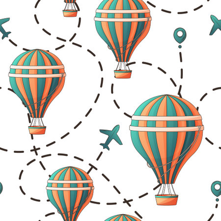 Vector seamless pattern with hot air balloons, airplane route, location icon. Bright illustration perfect for cover, packaging, wrapping paper, kids room design, fabric decoration, textile.のイラスト素材