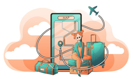 Travel, tourism concept. Vector background with illustration of smartphone, girl character sit on suitcases, baggage, plane route, location icon. Idea of a map, road. cartoon style.のイラスト素材