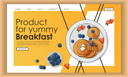 Vector banner background with plate of pancakes and berries. Food store, online shop website landing page design. Vector template perfect for banner, poster, website, advertising, flayer, web, ui.のイラスト素材