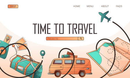 Vector banner background with plane route, map, baggage, van, camera. Travel, road, adventure, journey concept. Vector template perfect for banner, poster website advertisingのイラスト素材