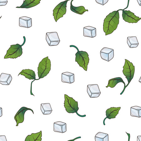 Vector seamless pattern with ice, mint isolated on white background. Hand-drawn bright illustration for fabric, packaging design, decoration of cover, textile, bar design.のイラスト素材