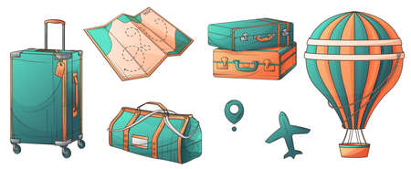 Travel set of vector illustration of baggage, map, suitcases, hot air balloon, plane, location icon, hand bag. Hand-drawn illustrations for design and decoration of card.のイラスト素材