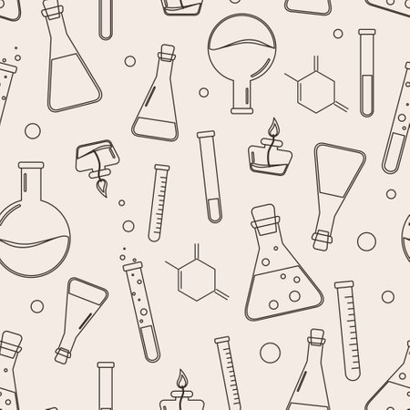 Vector seamless pattern with laboratory elements: glass flasks, vials, test-tubes with substance and reagents. In sketch style illustration. For design of scientific book, fabric, textile, wrap paper.のイラスト素材