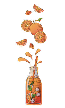 Vector illustration of bottle of orange juice, glass of juice, oranges. Hand-drawn composition for poster or banner, menu design, cafe, shop design, decoration of postcard, cover. summer conceptのイラスト素材