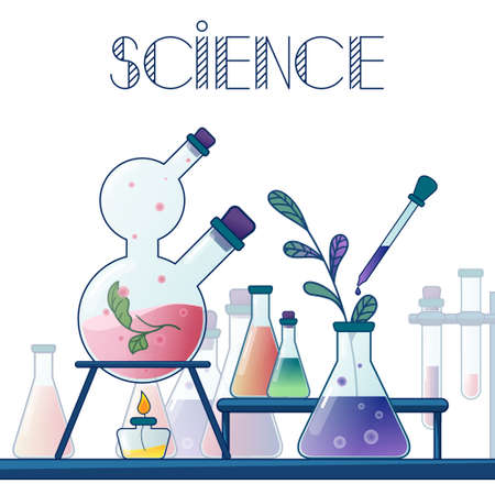 Chemistry laboratory. Glass flasks, vial, test-tube with substance and reagent. science of plant research. Development of plant varieties. concept of plant breeding. Vector. For posters and banners.のイラスト素材