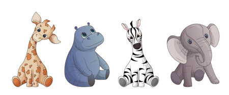 Vector set of illustrations of animals: zebra, giraffe, hippopotamus, elephant in cartoon style. African animals. For decorating children's books, banners, posters, cards, children's room decoration.のイラスト素材