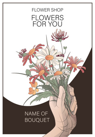 Poster with vector illustration of bouquet of wildflowers in hand. Background for flower shop. Vector illustration for poster, banner, flyer, advertising, website.のイラスト素材