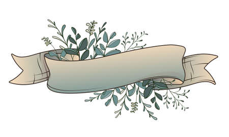 Vector illustration of ribbon with stylized herbs and leaves, branches. Simple botanical background for card design, cover, banner decoration, label, floral shop. Place for text.のイラスト素材