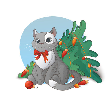 Vector new year illustration of cat with Christmas tree, toy. Christmas elements. Cartoon style. For Christmas card design, banner, poster decoration. Cute pet.のイラスト素材