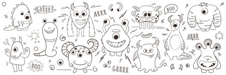 Vector set of illustration of monsters in doodle style. Coloring page. Graphic illustration for kids design, kids room decoration, for pattern design. In line style. Funny line hand-drawn aliens.のイラスト素材