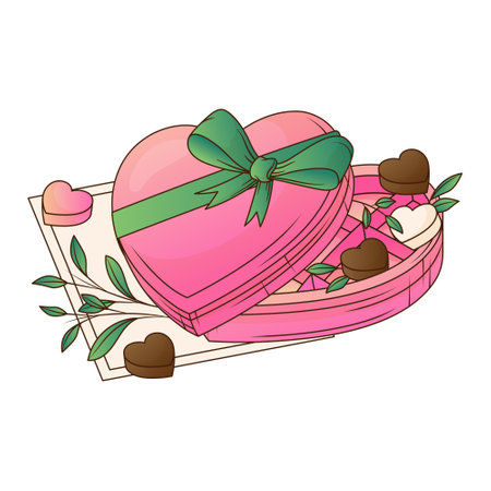 Vector illustration of box in shape of heart. Box of candies, leaves. Perfect for romantic design of card, decoration of Valentine's Day, Mother's Day.のイラスト素材